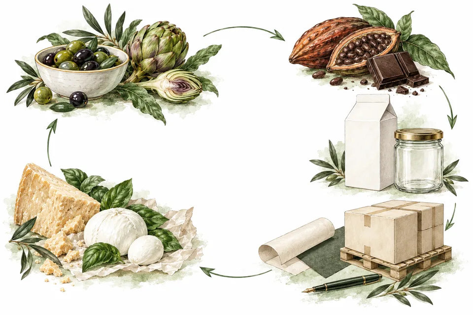 Hand-drawn Italian food and packaging development cycle