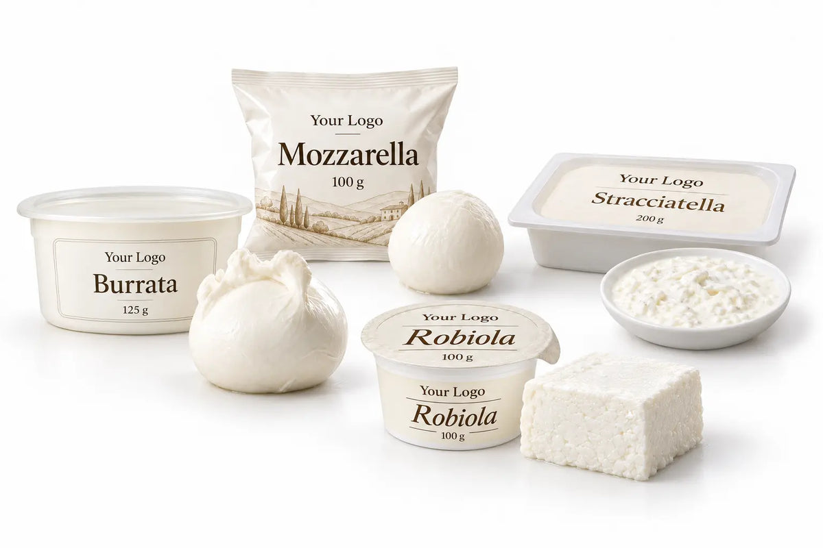 Fresh Italian cheese collection including burrata, mozzarella, stracciatella and robiola