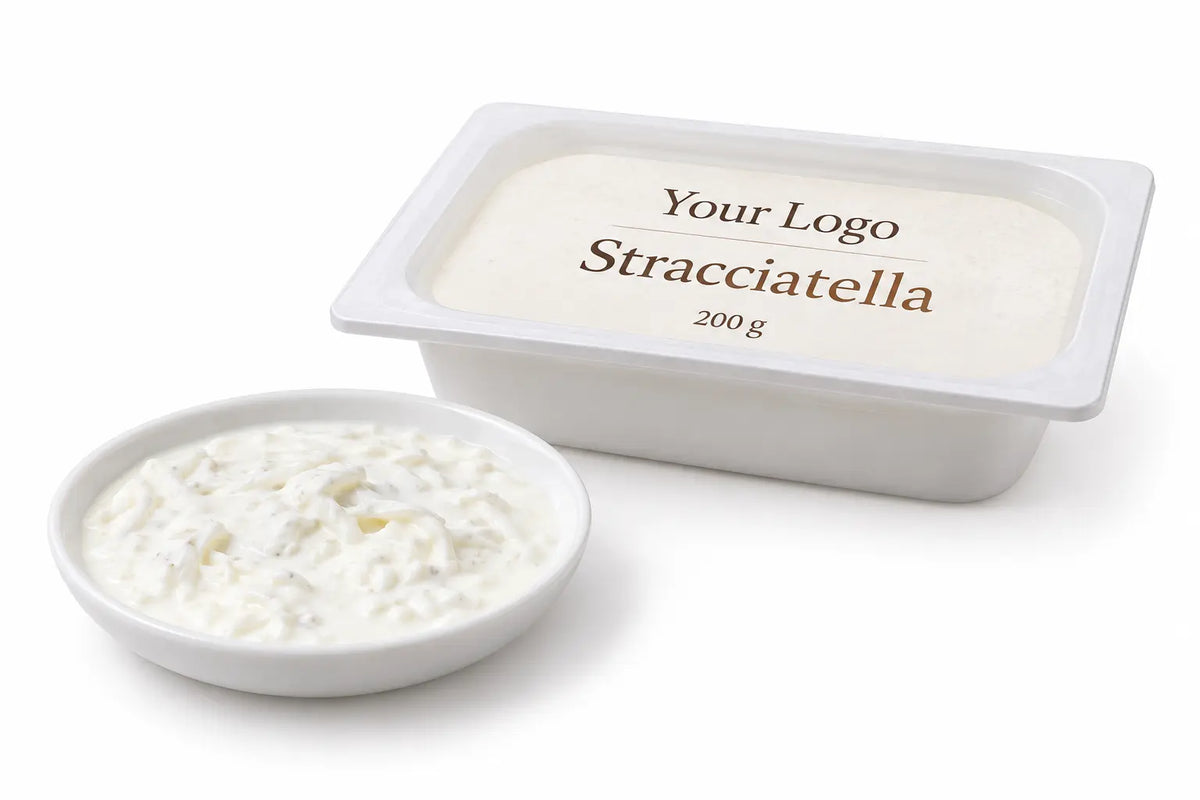 Stracciatella cheese with private label retail tray