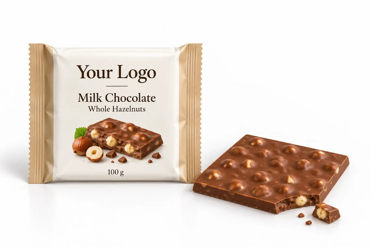 Milk chocolate tablet with whole hazelnuts
