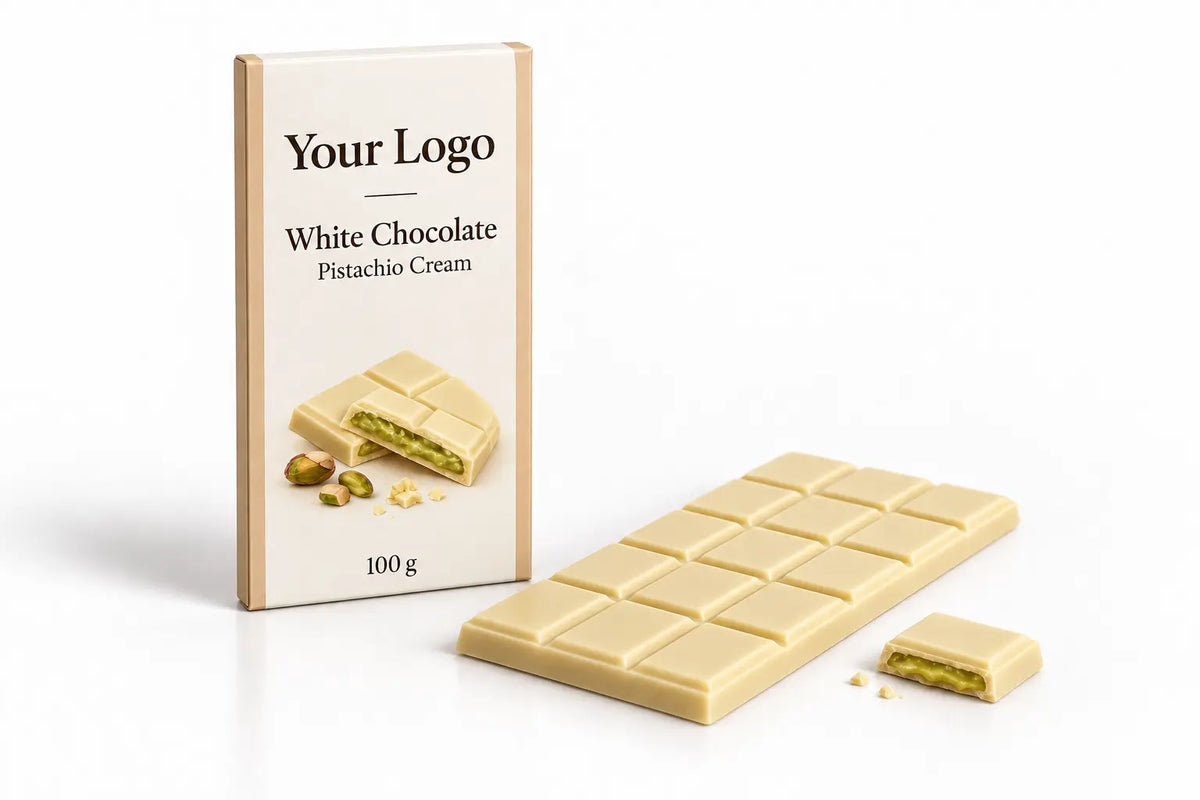 White chocolate tablet with pistachio cream