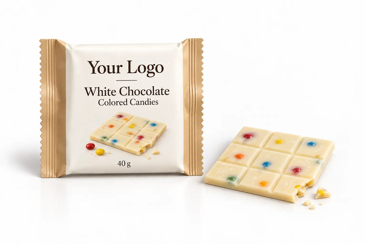 White chocolate tablet with coloured candies