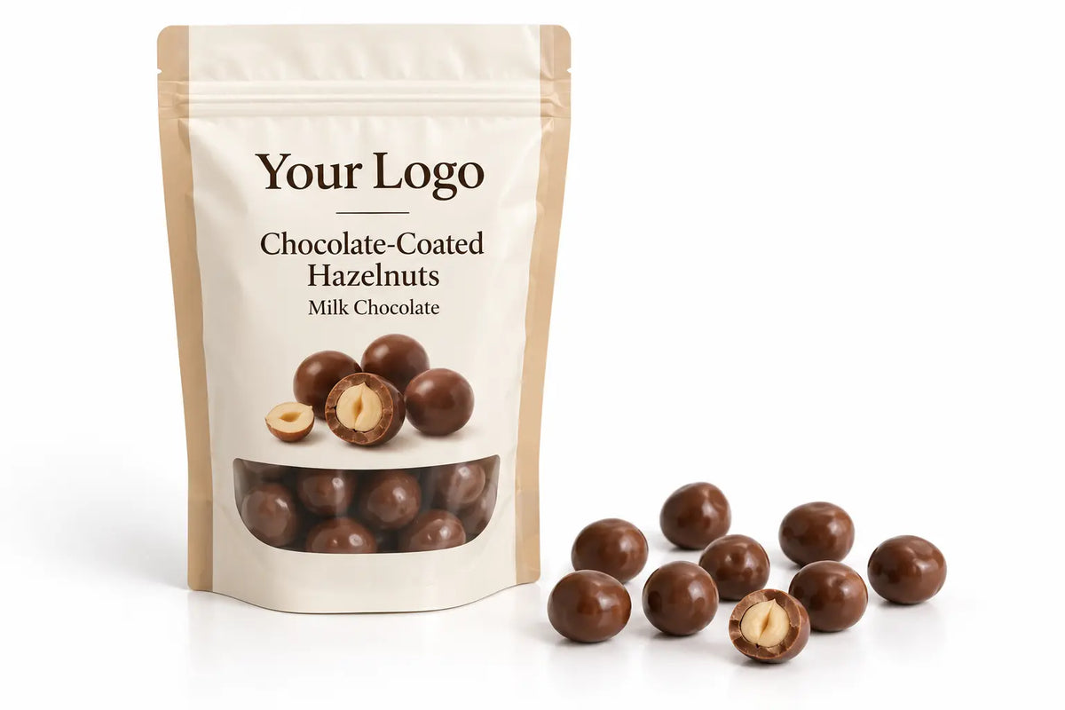 Chocolate coated hazelnuts in private label pouch