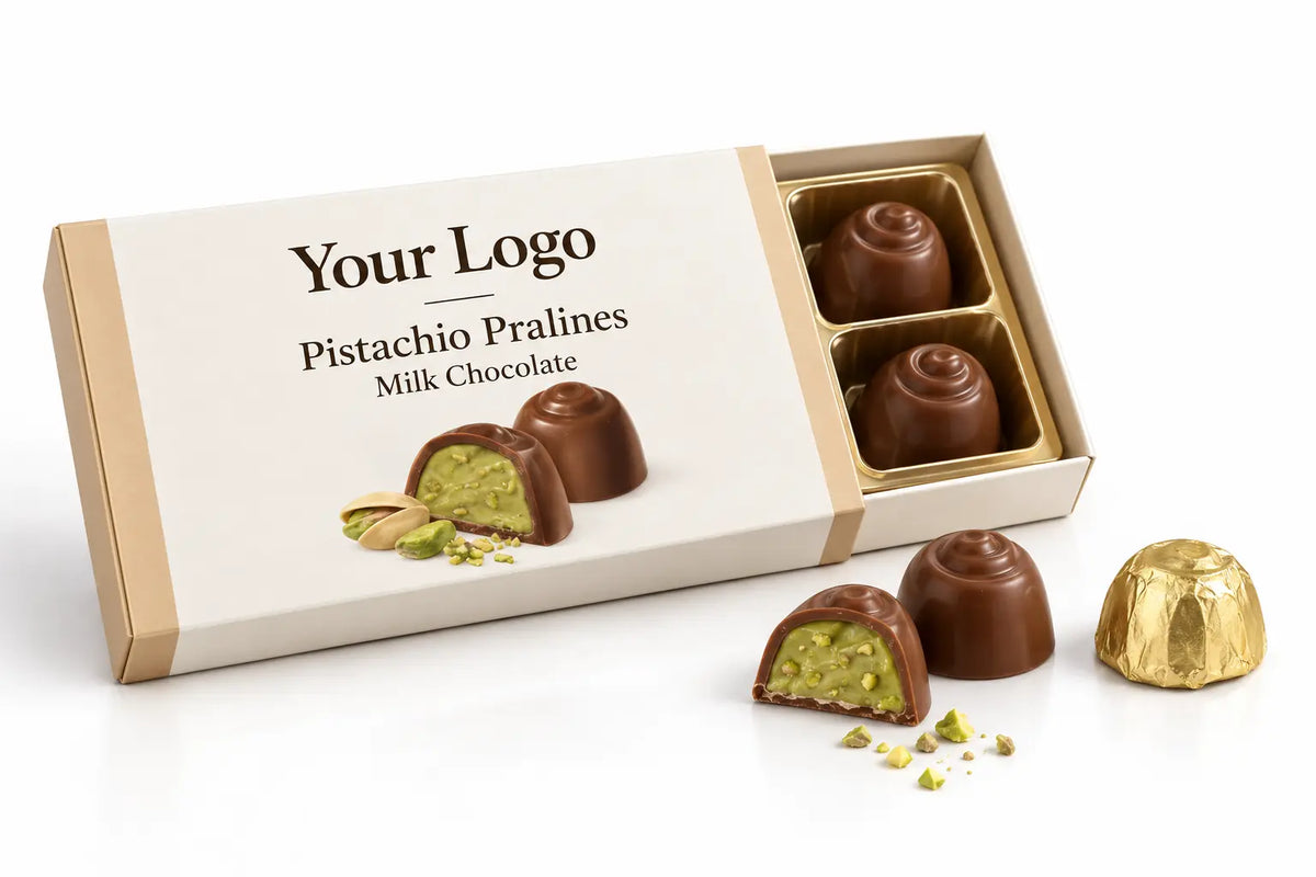 Milk chocolate pralines with pistachio cream
