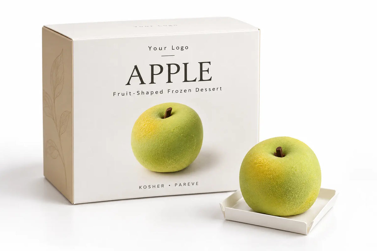 Apple-shaped kosher pareve frozen dessert with private-label packaging