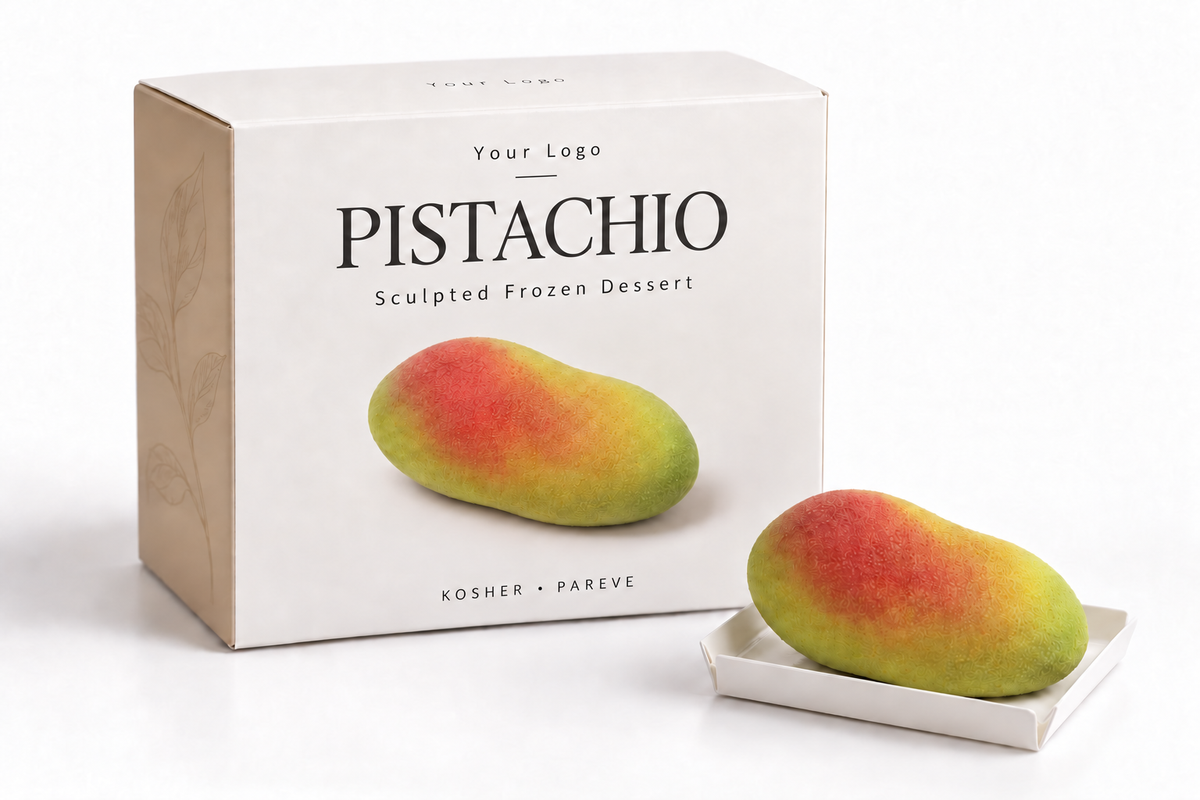 Pistachio sculpted frozen dessert with private label retail packaging.