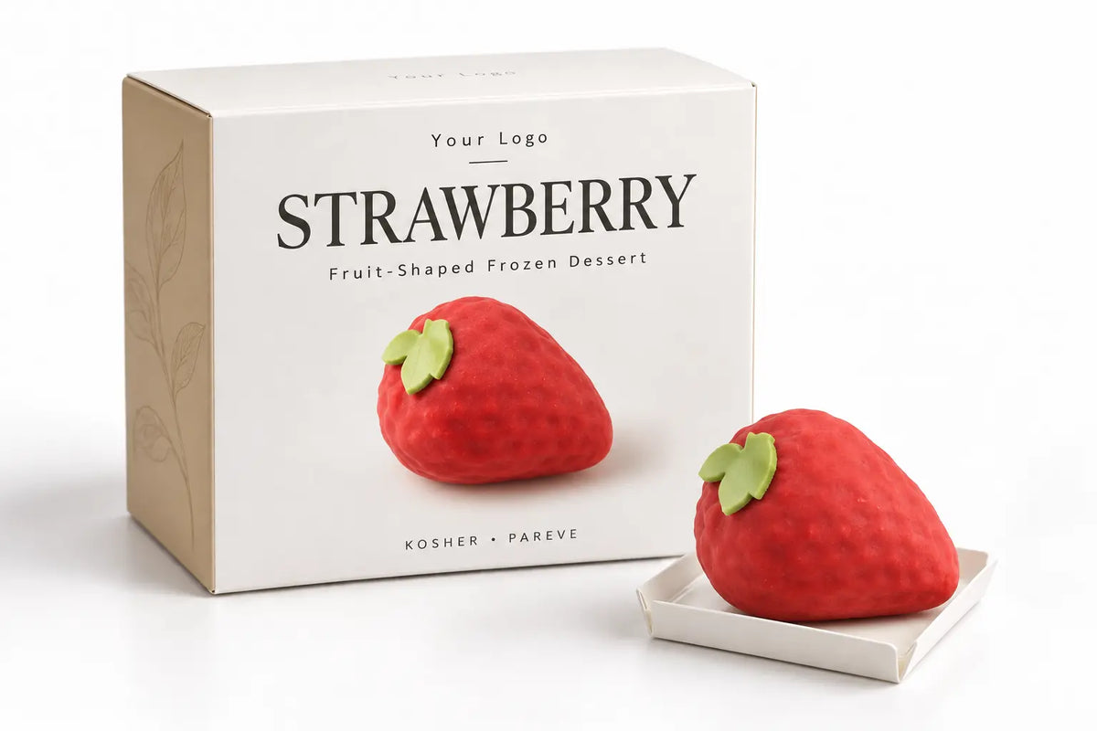 Strawberry-shaped kosher pareve frozen dessert with private-label packaging