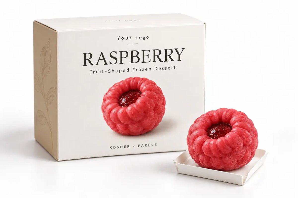 Raspberry-shaped kosher pareve frozen dessert with private-label packaging