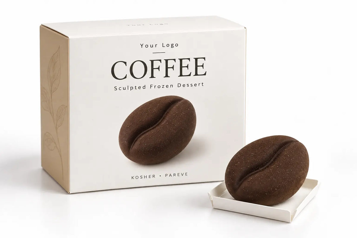 Coffee-bean-shaped kosher pareve frozen dessert with private-label packaging