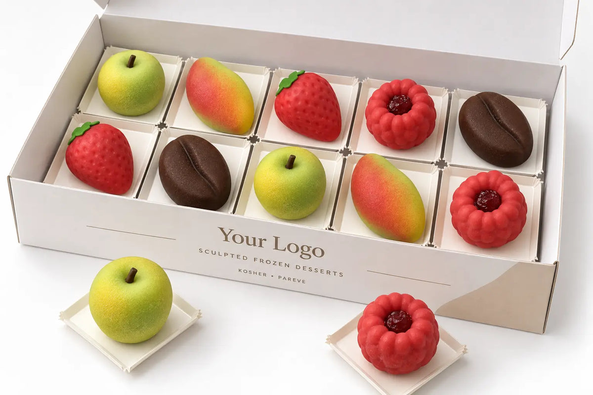 Assorted realistic frozen desserts in foodservice presentation