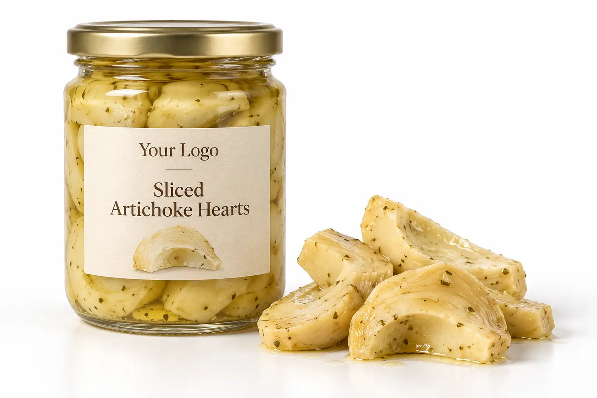 Sliced trimmed artichoke hearts in oil