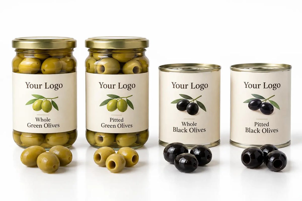 Whole and pitted green and black olives