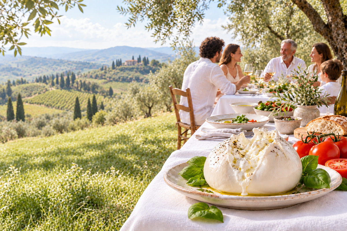 Illustrative family lunch on a grassy Tuscan hillside, with a white linen table, fresh burrata, olive trees and vineyards.