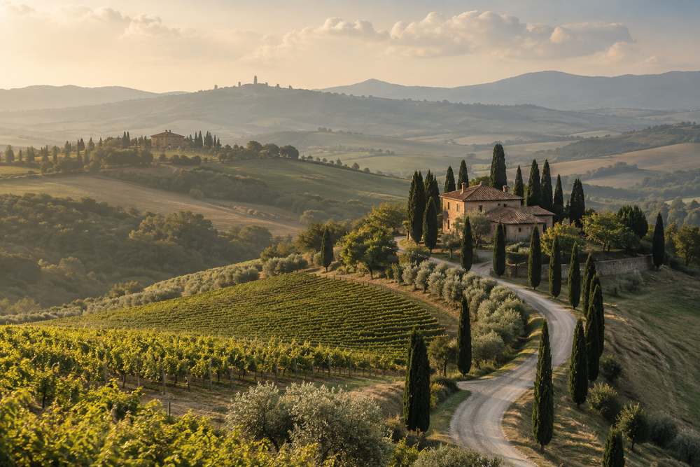 Illustrative Tuscan countryside and vineyards